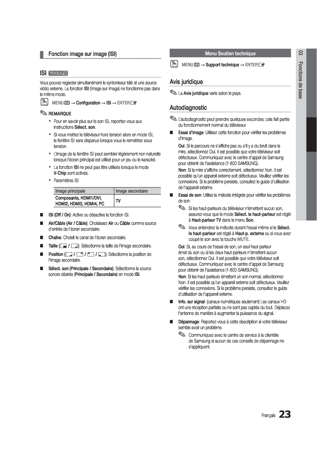Samsung UC5000-ZC user manual ISI t, Avis juridique, Autodiagnostic, Fonction image sur image ISI, Menu Soutien technique 