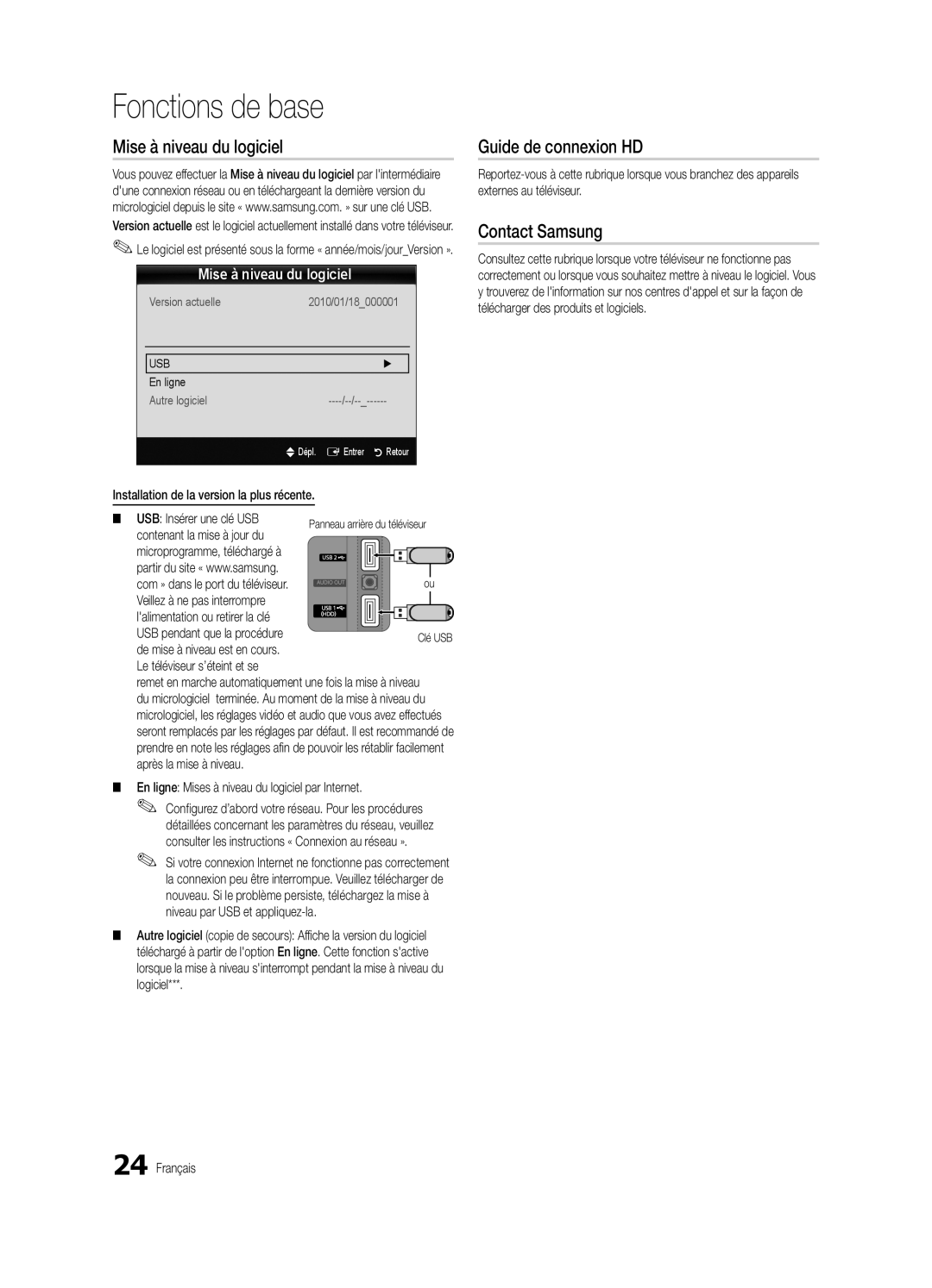 Samsung BN68-03004B-02 Mise à niveau du logiciel, Guide de connexion HD, Fonctions de base, Contact Samsung, En ligne 