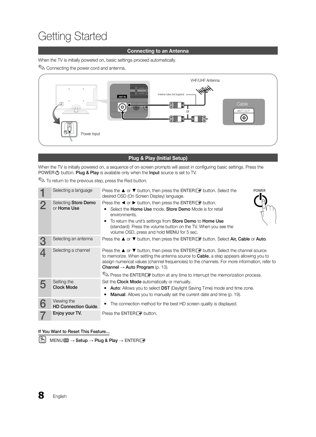 Samsung BN68-03004B-02, UC5000-ZC user manual Connecting to an Antenna, Plug & Play Initial Setup, Cable, Getting Started 