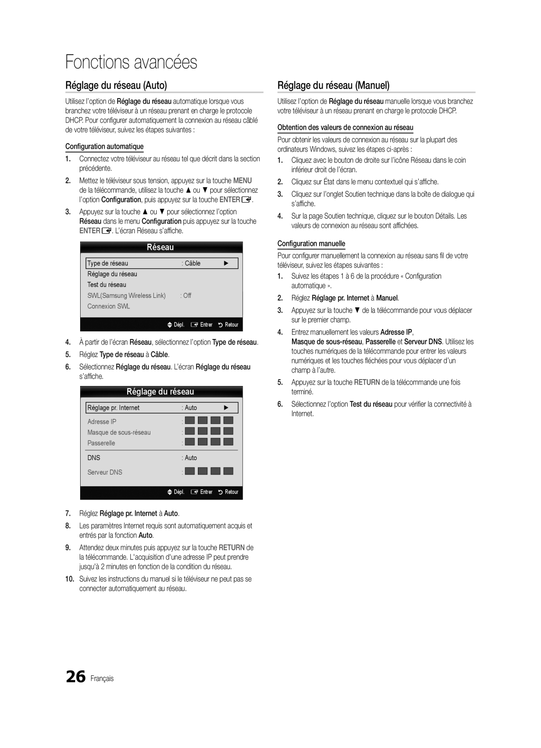 Samsung BN68-03004B-02, UC5000-ZC user manual Réglage du réseau Auto, Réglage du réseau Manuel, Réseau, Fonctions avancées 