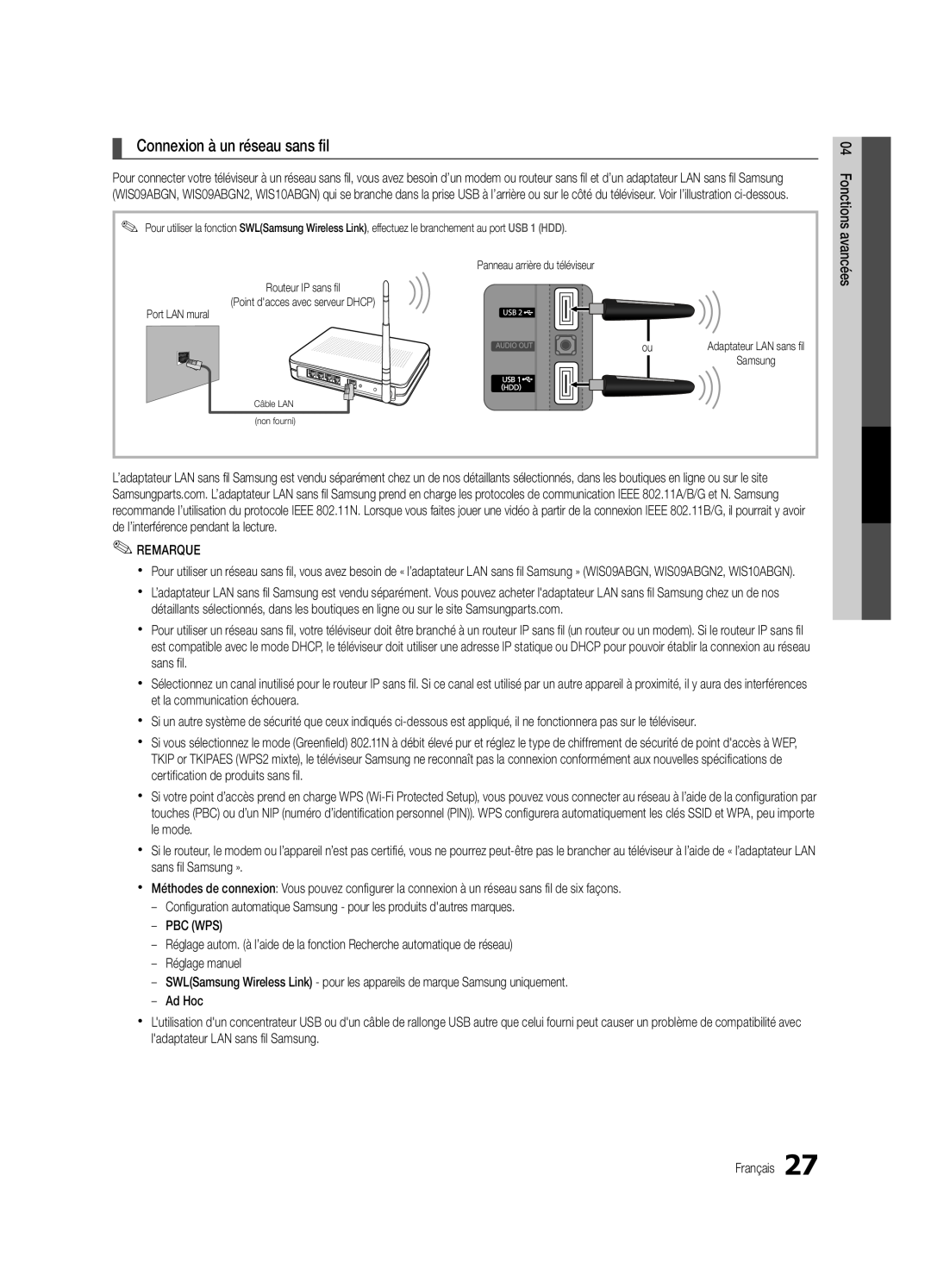 Samsung UC5000-ZC, BN68-03004B-02 user manual Connexion à un réseau sans fil, Adaptateur LAN sans fil 