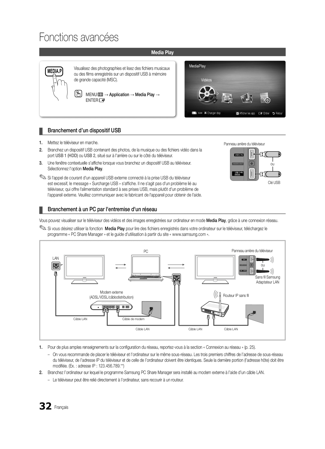 Samsung BN68-03004B-02 Branchement d’un dispositif USB, Branchement à un PC par lentremise dun réseau, Fonctions avancées 