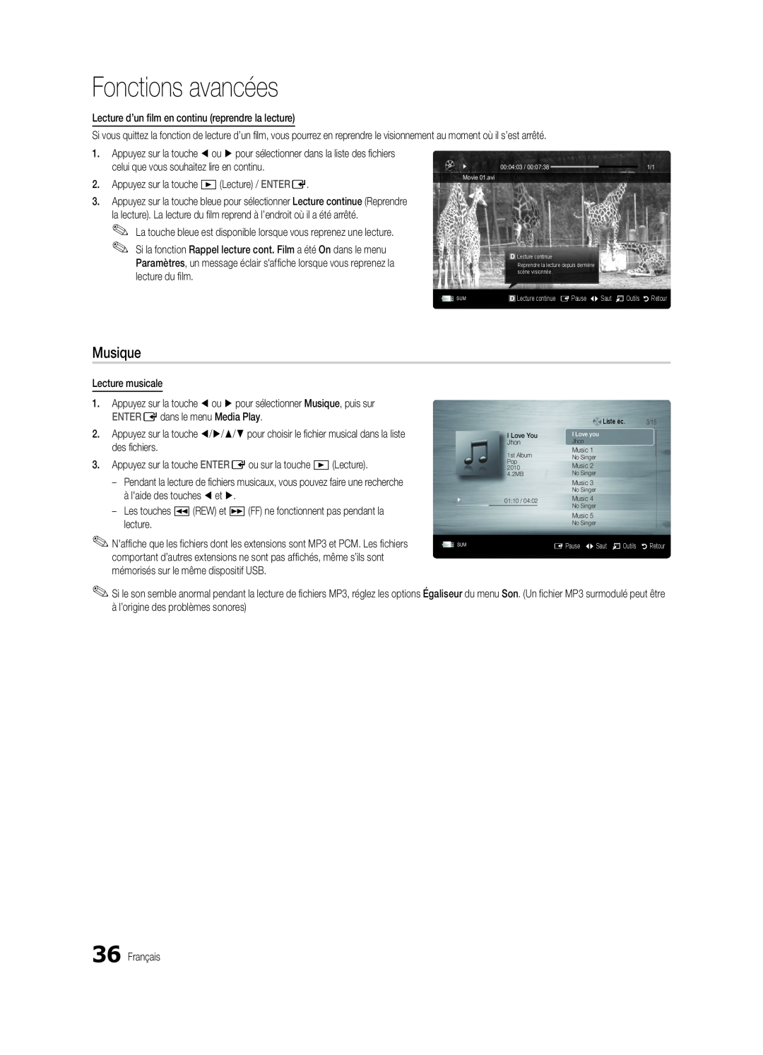 Samsung BN68-03004B-02, UC5000-ZC user manual Musique, Fonctions avancées, E Pause L Saut T Outils 