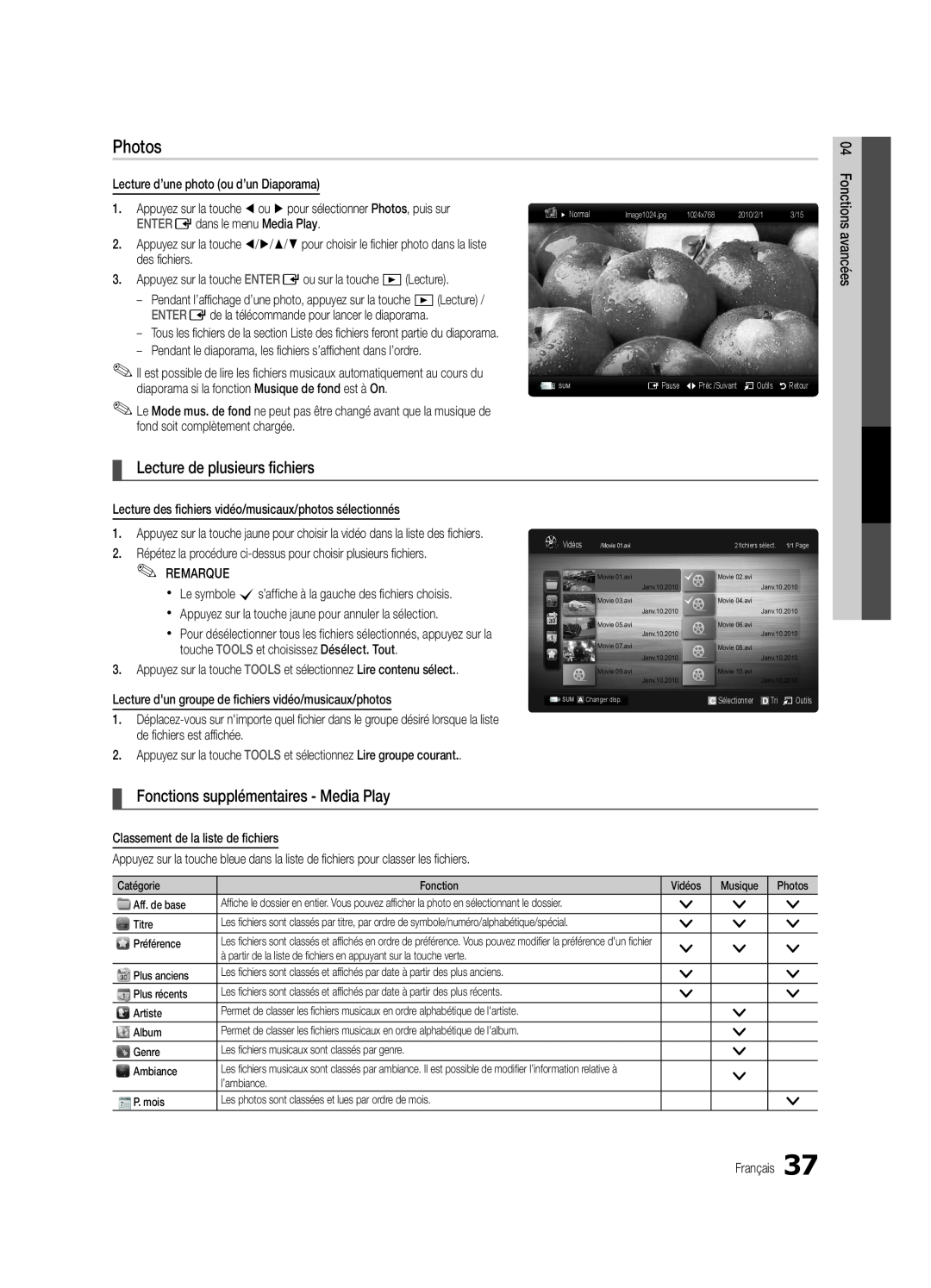 Samsung UC5000-ZC Lecture de plusieurs fichiers, Fonctions supplémentaires - Media Play, Photos, Fonctions avancées 