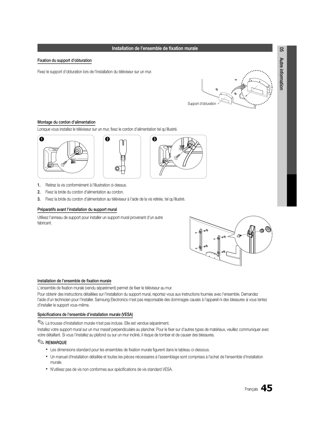 Samsung UC5000-ZC, BN68-03004B-02 user manual Installation de l’ensemble de fixation murale, Autre information 