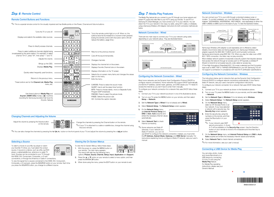 Samsung BN68-03005A-01 setup guide Remote Control, Media Play Features 