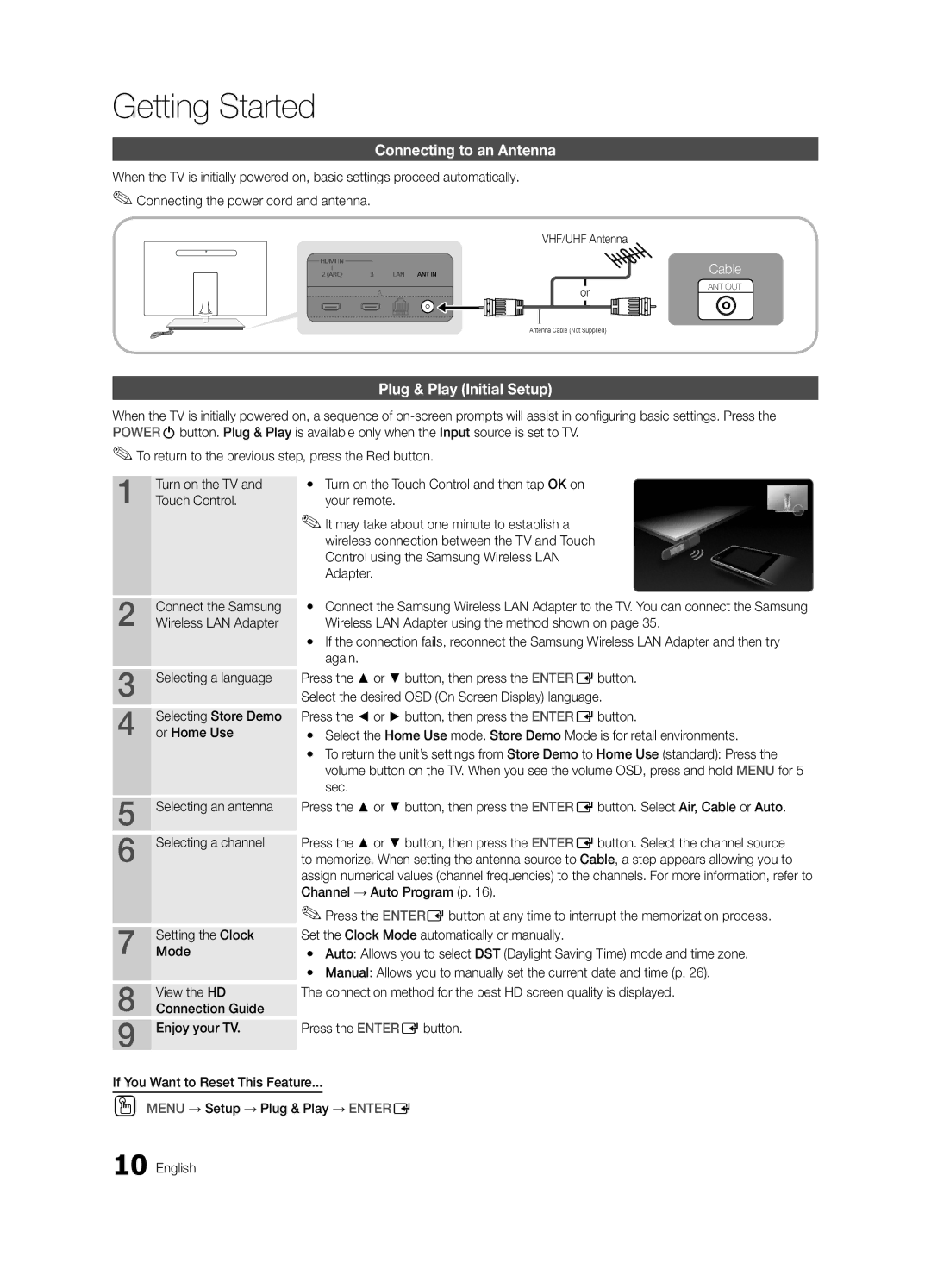 Samsung BN68-03088A-01, Series C9 user manual Connecting to an Antenna, Plug & Play Initial Setup, VHF/UHF Antenna 