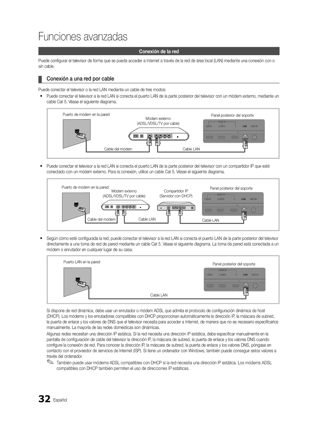 Samsung BN68-03088A-01, Series C9 user manual Funciones avanzadas, Conexión a una red por cable, Conexión de la red 