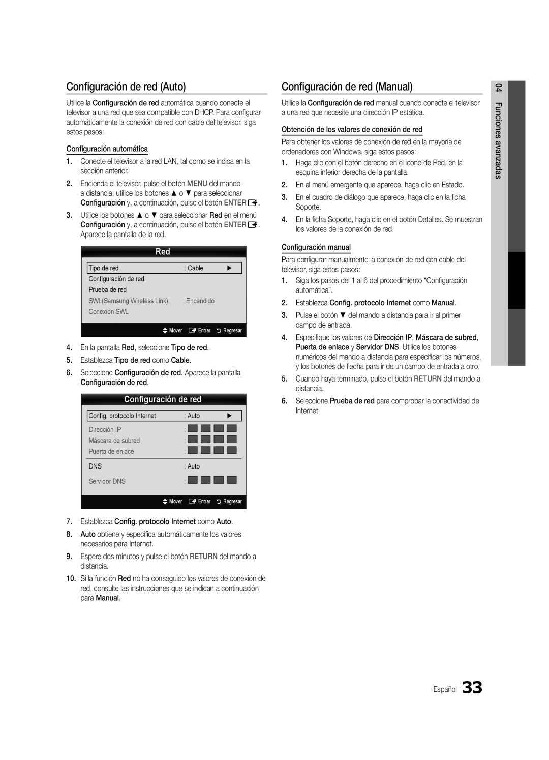 Samsung Series C9 Configuración de red Auto, Configuración de red Manual, Red, Obtención de los valores de conexión de red 