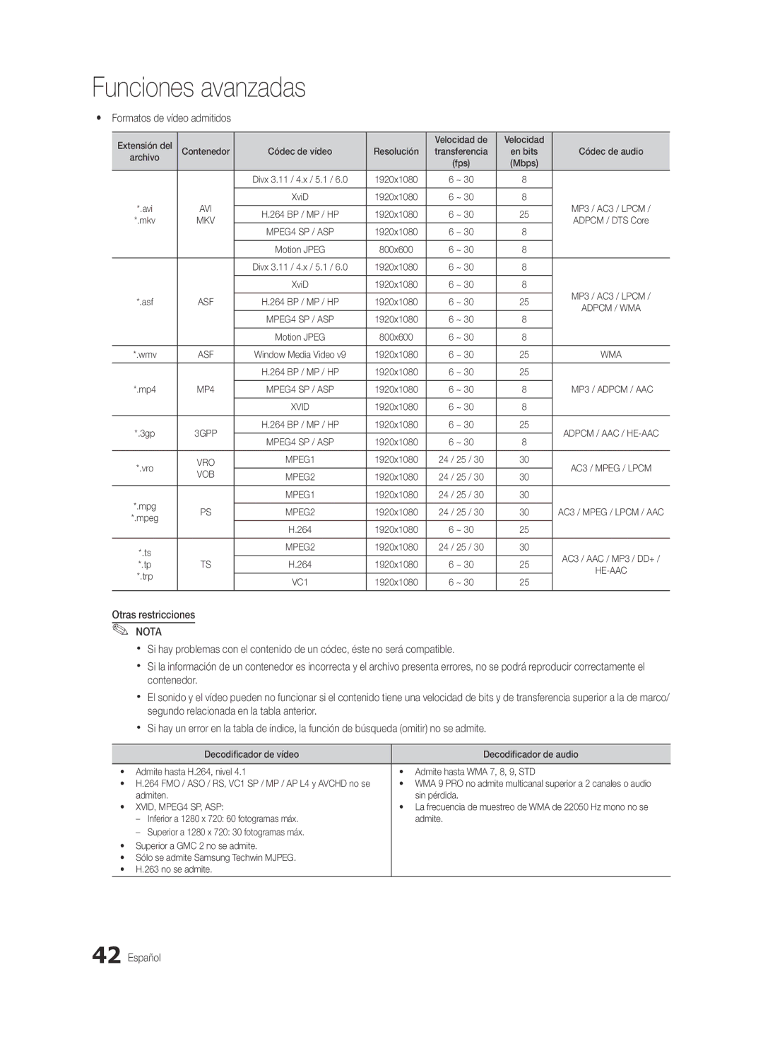 Samsung BN68-03088A-01, Series C9 Yy Formatos de vídeo admitidos, Extensión del Velocidad de, Admiten Sin pérdida 