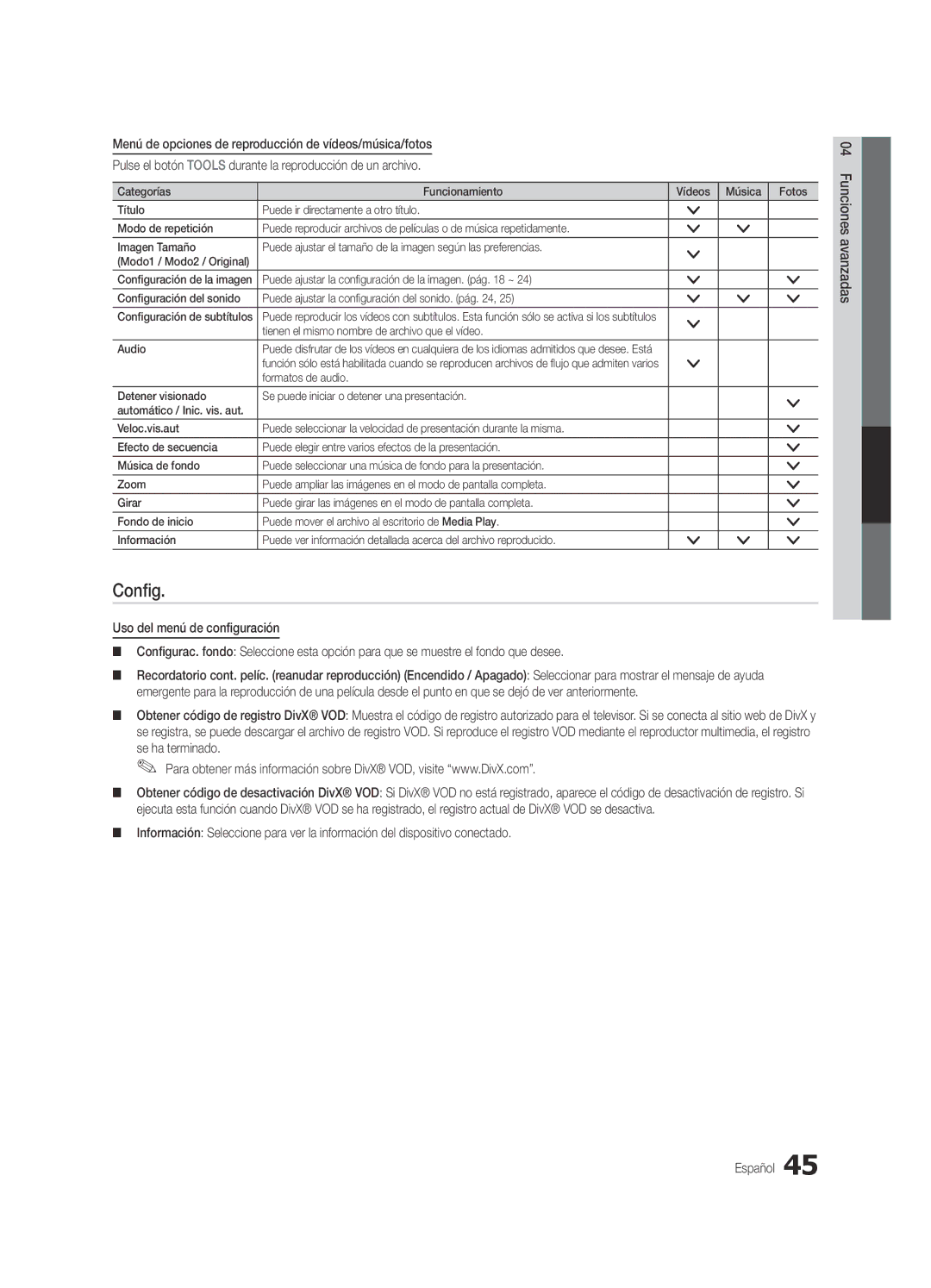 Samsung Series C9, BN68-03088A-01 user manual Config, Tienen el mismo nombre de archivo que el vídeo Audio 