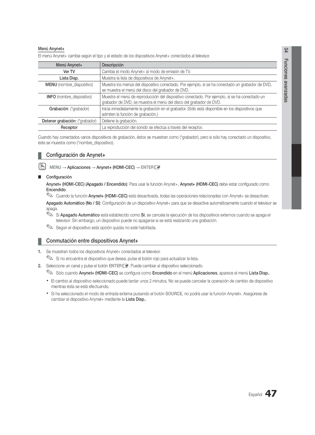 Samsung Series C9, BN68-03088A-01 user manual Configuración de Anynet+, Conmutación entre dispositivos Anynet+ 