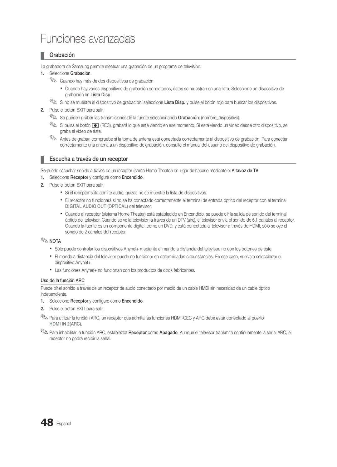 Samsung BN68-03088A-01, Series C9 user manual Grabación, Escucha a través de un receptor 