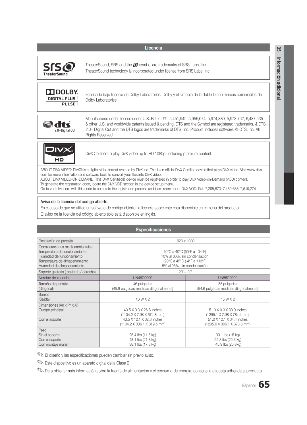 Samsung Series C9, BN68-03088A-01 user manual Licencia 