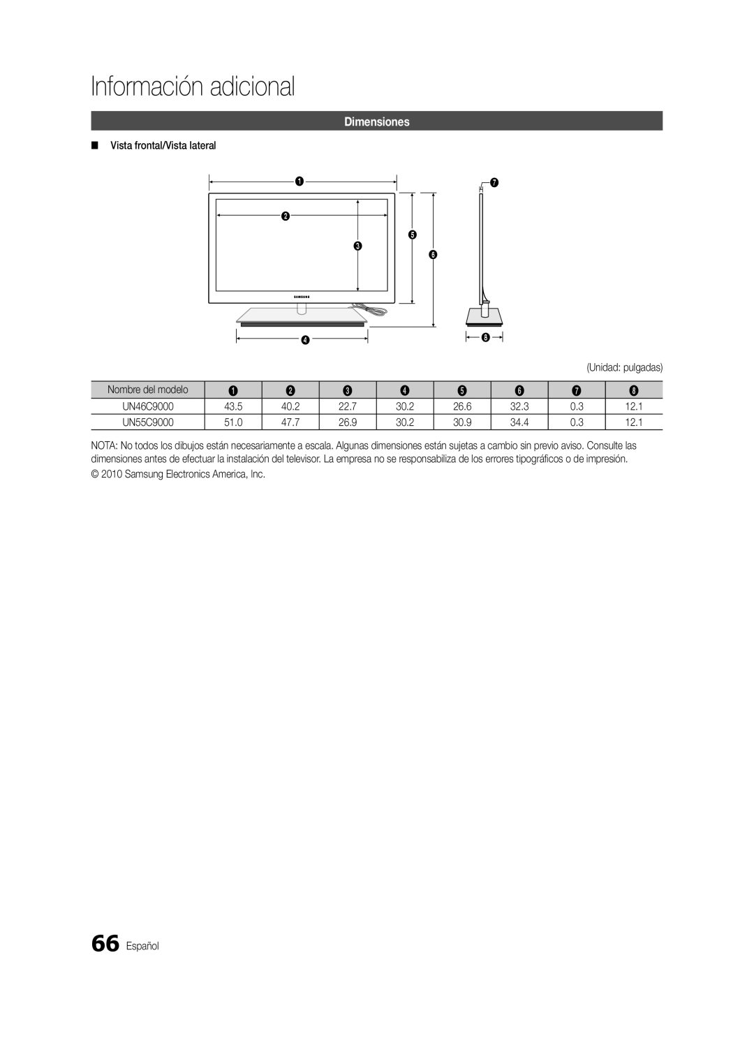 Samsung BN68-03088A-01, Series C9 Dimensiones, Vista frontal/Vista lateral, Samsung Electronics America, Inc Español 