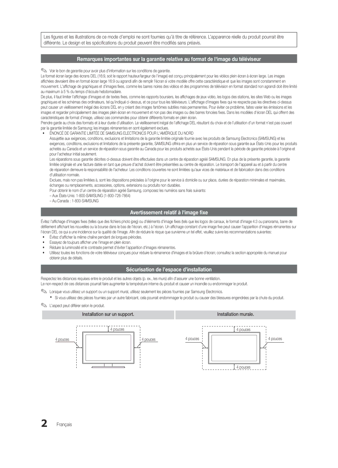 Samsung BN68-03088A-01 Avertissement relatif à limage fixe, Sécurisation de l’espace d’installation, Français, Pouces 