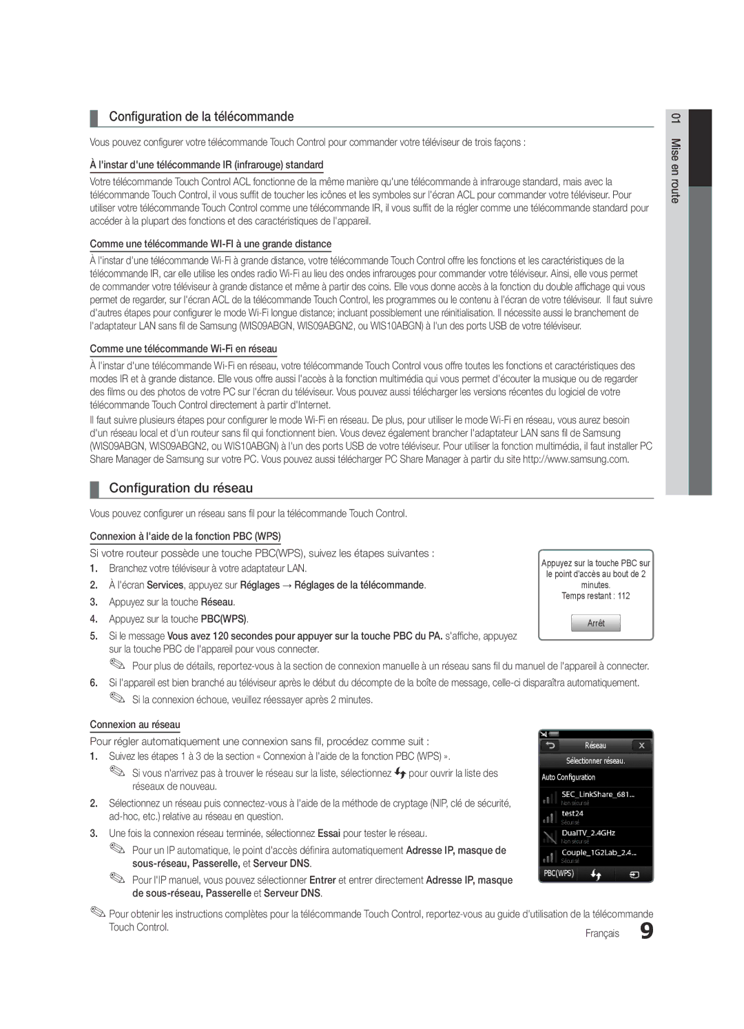 Samsung Series C9, BN68-03088A-01 user manual Configuration de la télécommande, Configuration du réseau 