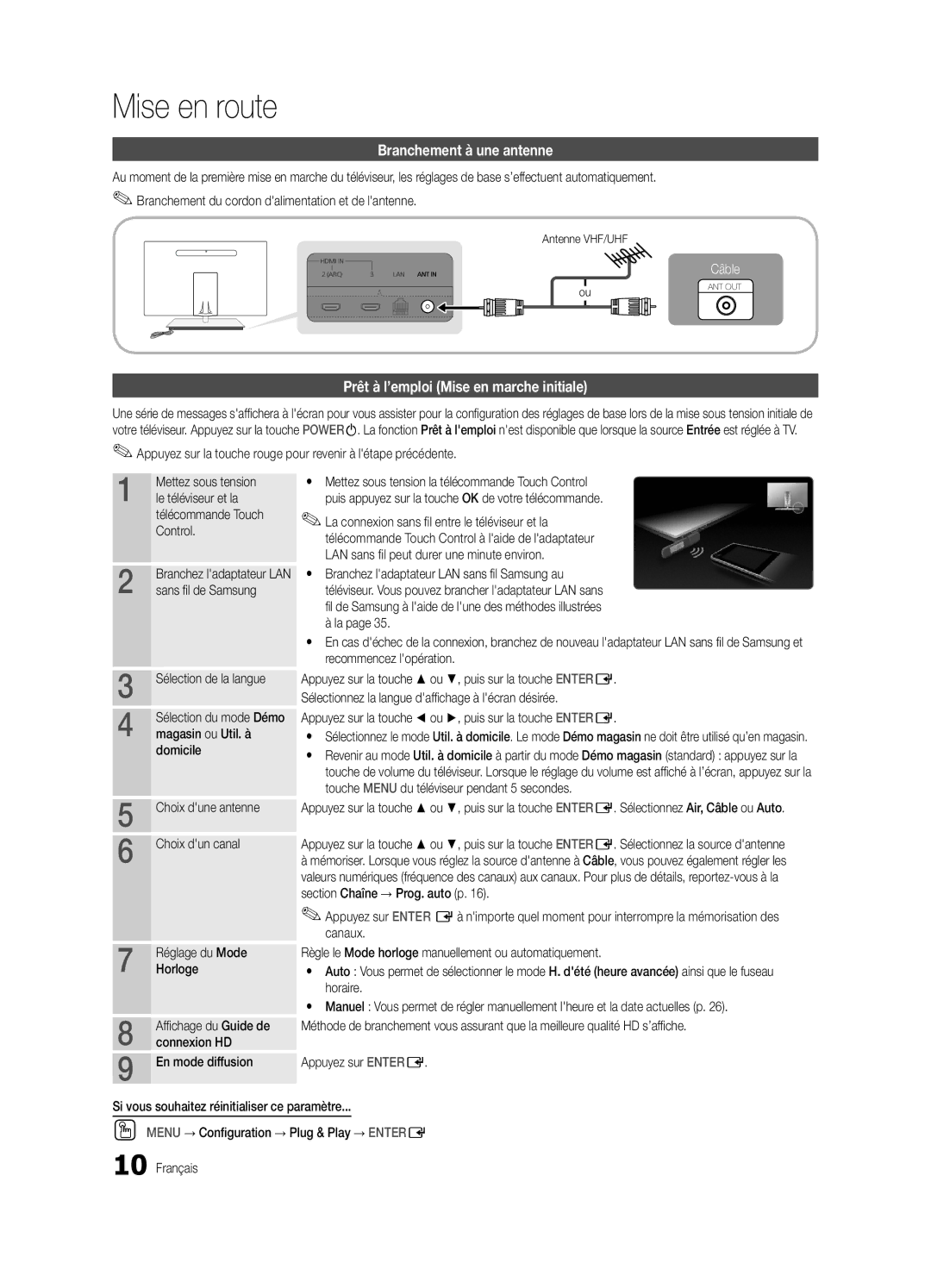 Samsung BN68-03088A-01, Series C9 user manual Branchement à une antenne, Prêt à l’emploi Mise en marche initiale 