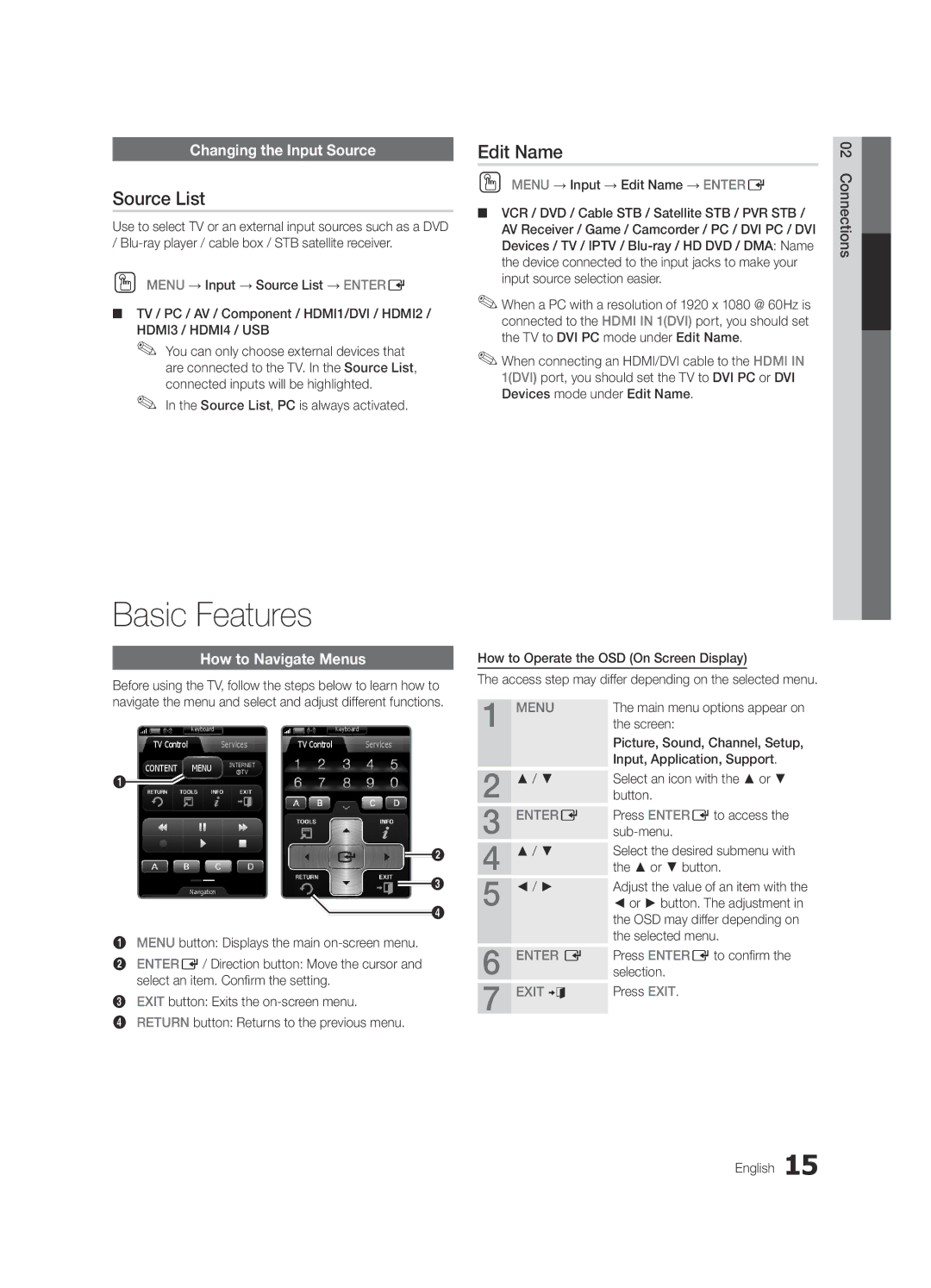 Samsung Series C9, BN68-03088A-01 Basic Features, Source List, Edit Name, Changing the Input Source, How to Navigate Menus 