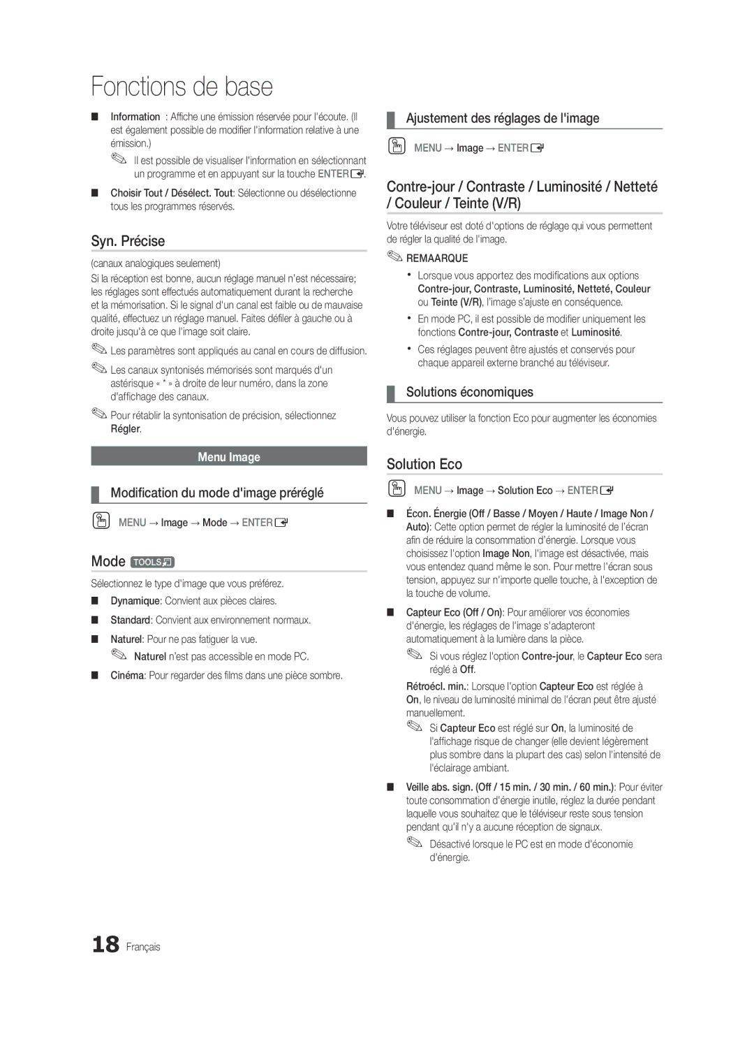 Samsung BN68-03088A-01, Series C9 Syn. Précise, Solution Eco, Ajustement des réglages de limage, Solutions économiques 