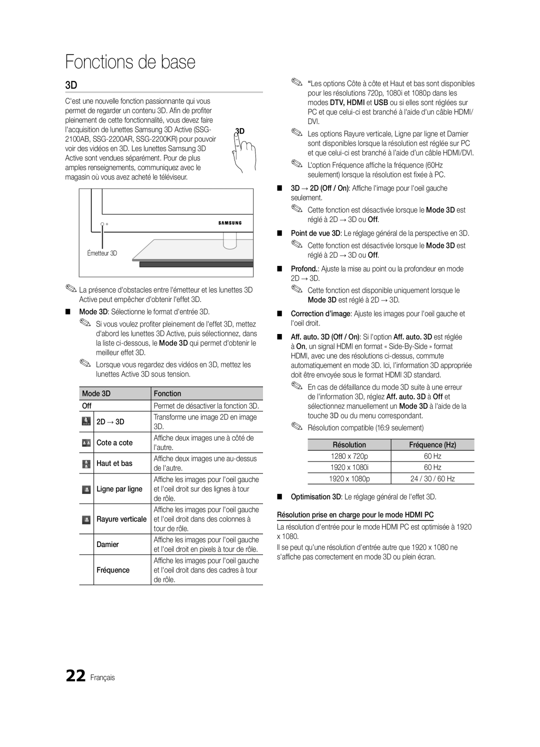 Samsung BN68-03088A-01 Mode 3D Sélectionne le format dentrée 3D, Cote a cote, Côté de, Haut et bas, De lautre, Fréquence 