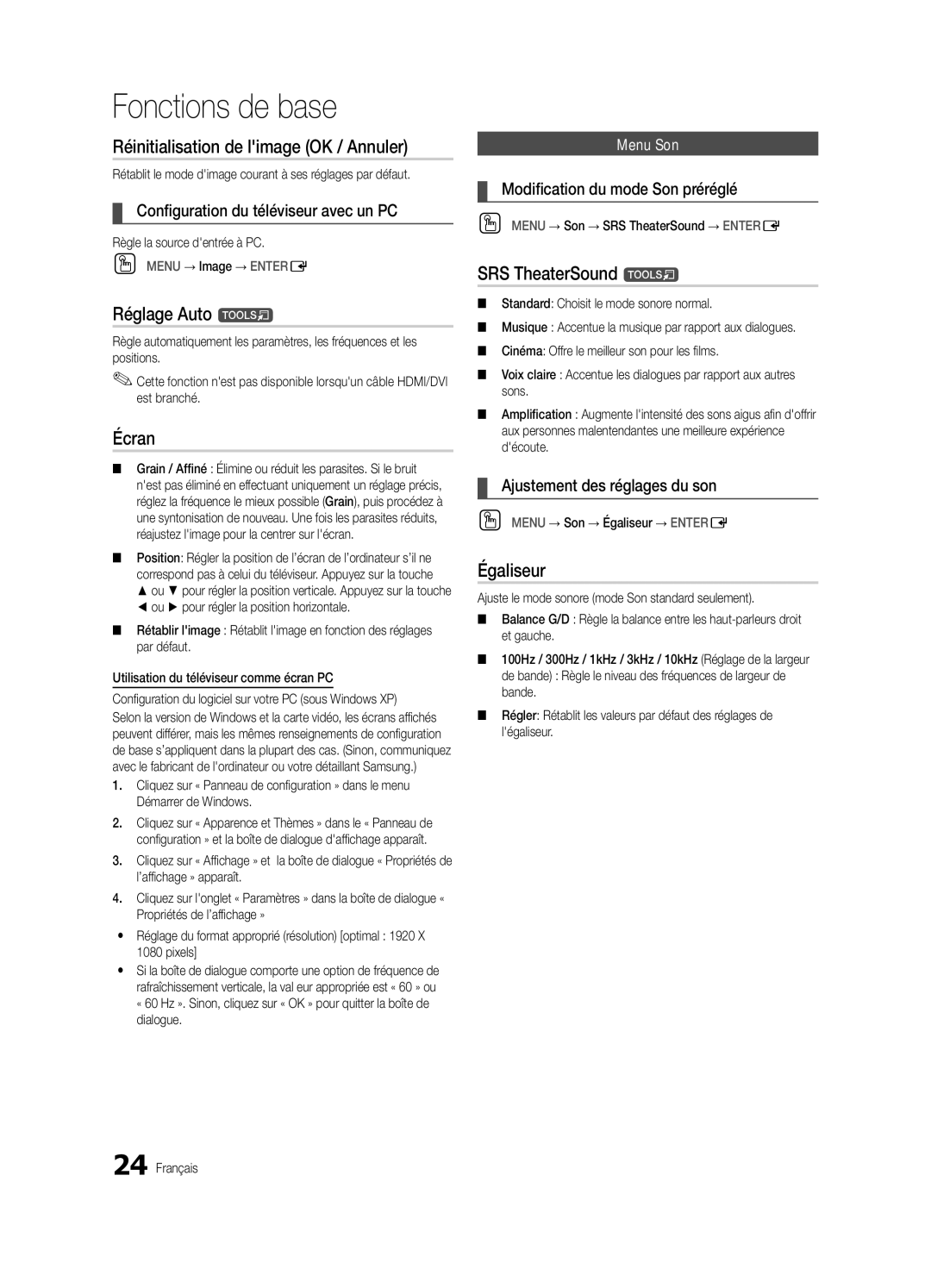 Samsung BN68-03088A-01, Series C9 user manual Réinitialisation de limage OK / Annuler, Réglage Auto t, Écran, Égaliseur 