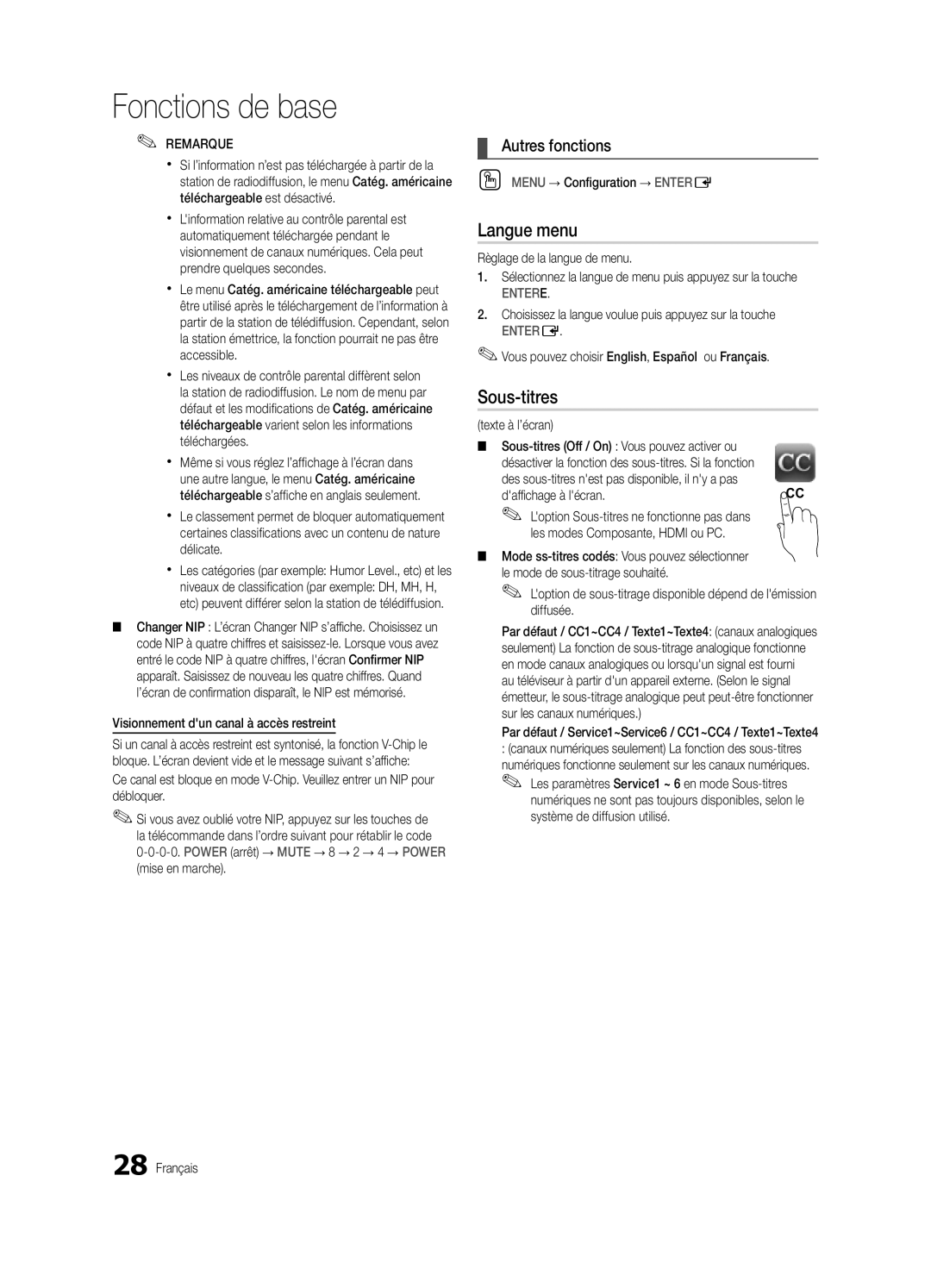 Samsung BN68-03088A-01, Series C9 user manual Langue menu, Sous-titres 