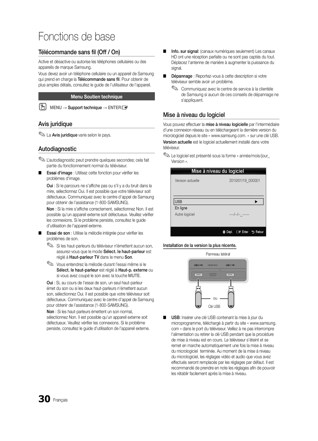 Samsung BN68-03088A-01 Télécommande sans fil Off / On, Avis juridique, Autodiagnostic, Mise à niveau du logiciel 