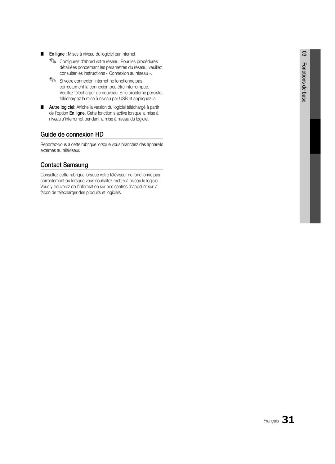 Samsung Series C9, BN68-03088A-01 user manual Guide de connexion HD, En ligne Mises à niveau du logiciel par Internet 