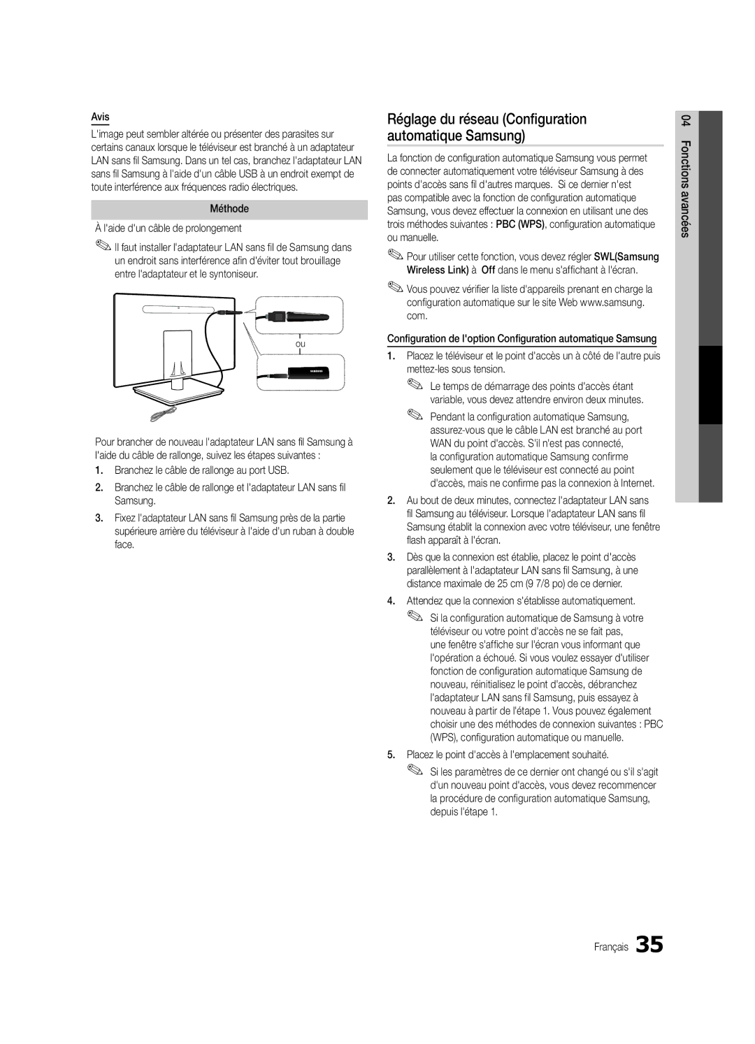 Samsung Series C9 Réglage du réseau Configuration automatique Samsung, Avis, Méthode Laide dun câble de prolongement 