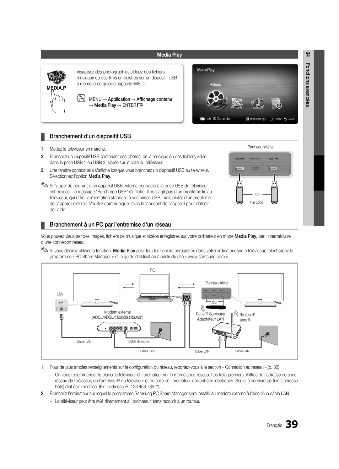 Samsung Series C9 user manual Branchement d’un dispositif USB, Branchement à un PC par lentremise dun réseau, Sans fi l 