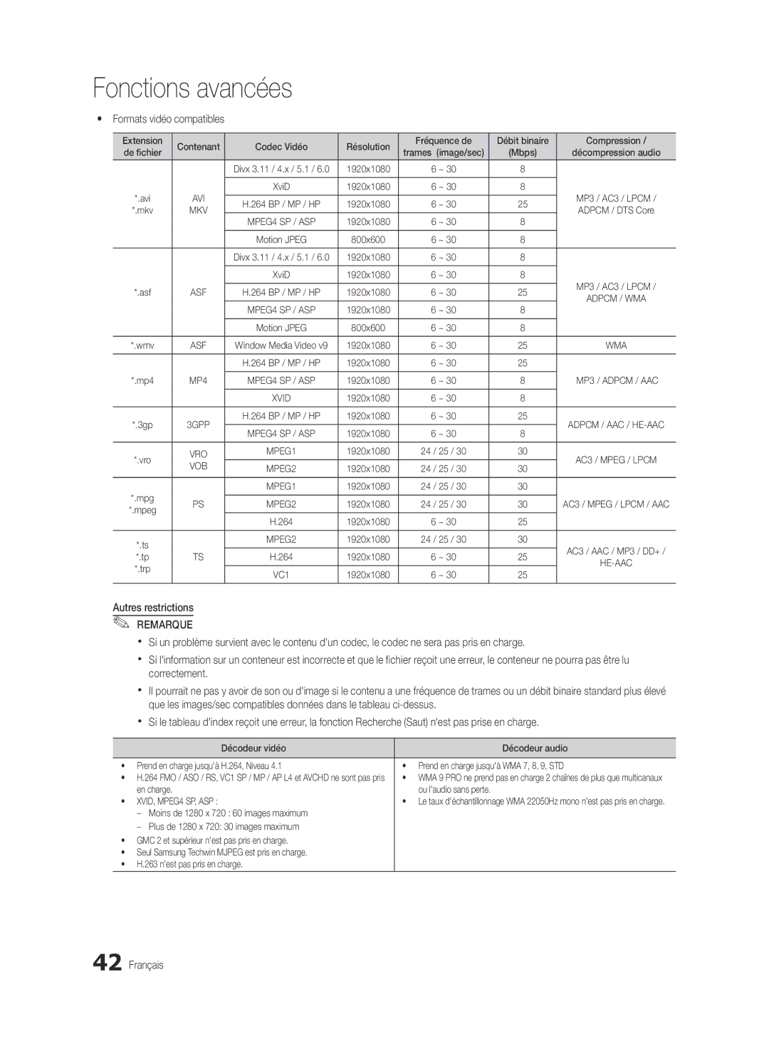 Samsung BN68-03088A-01 Yy Formats vidéo compatibles, Autres restrictions Remarque, En charge Ou laudio sans perte 