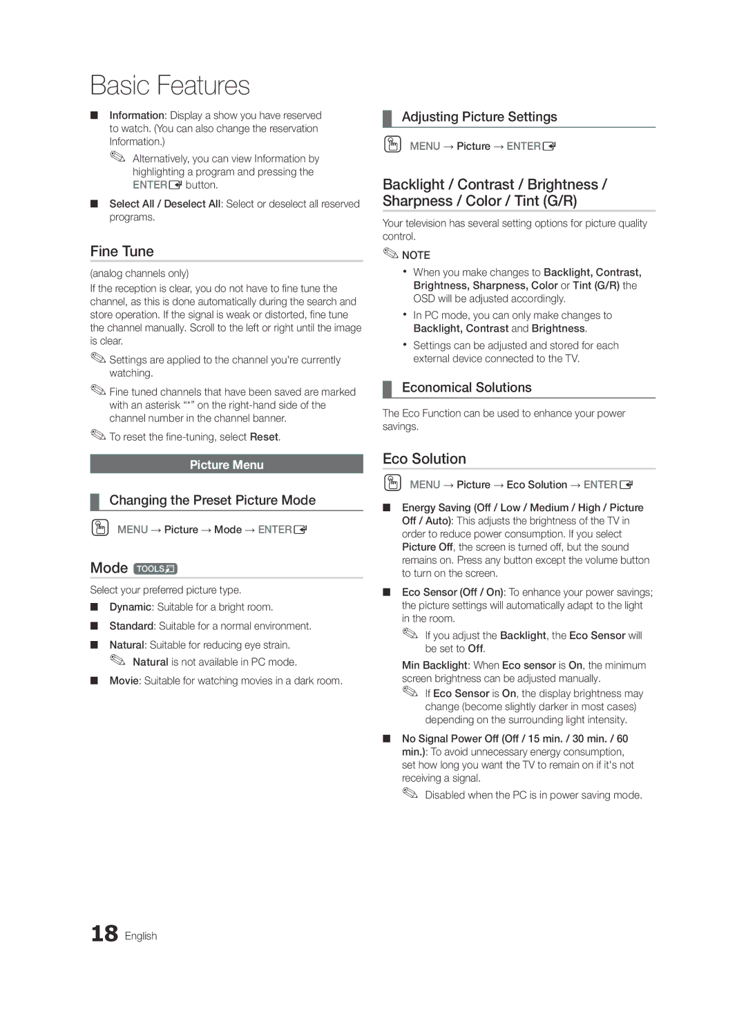 Samsung BN68-03088A-01, Series C9 user manual Fine Tune, Mode t, Eco Solution 