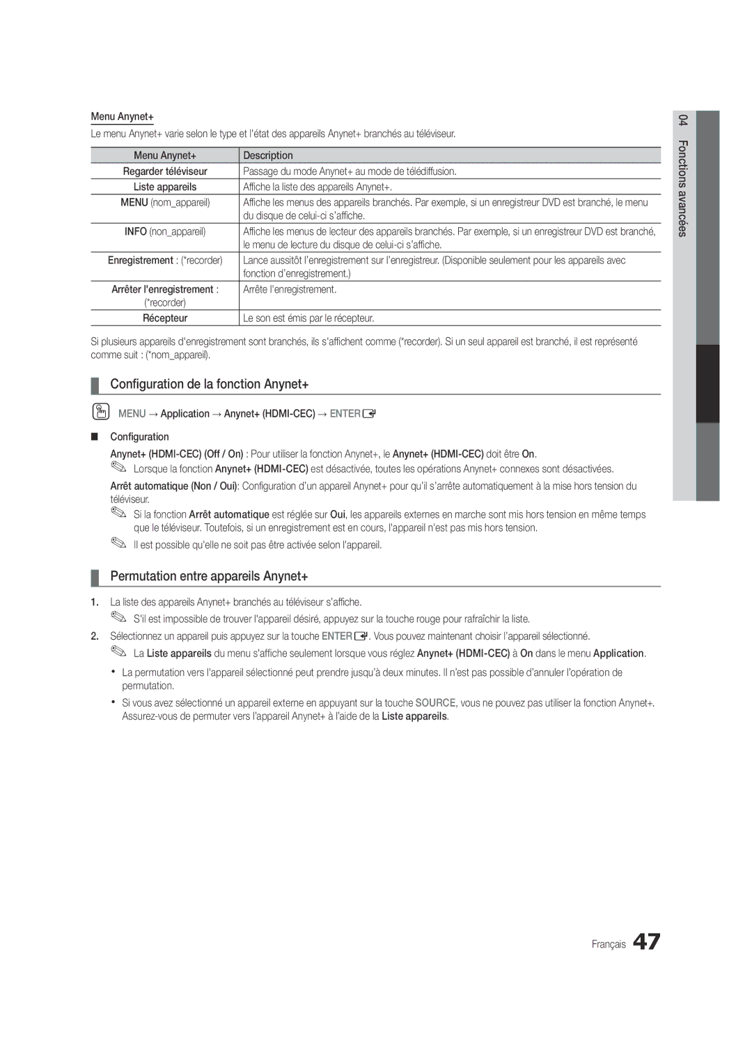 Samsung Series C9, BN68-03088A-01 user manual Configuration de la fonction Anynet+, Permutation entre appareils Anynet+ 