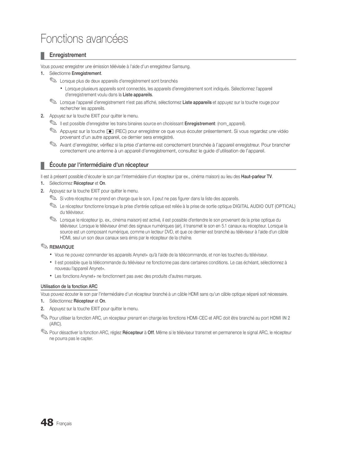 Samsung BN68-03088A-01, Series C9 user manual Enregistrement, Écoute par lintermédiaire dun récepteur 