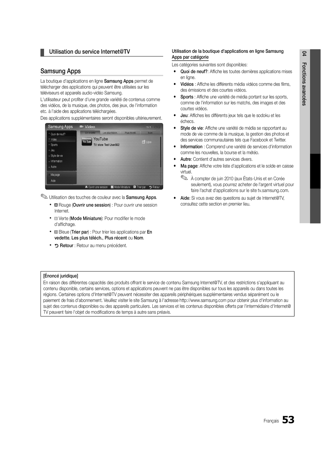 Samsung Series C9 user manual Utilisation du service Internet@TV, Utilisation des touches de couleur avec la Samsung Apps 