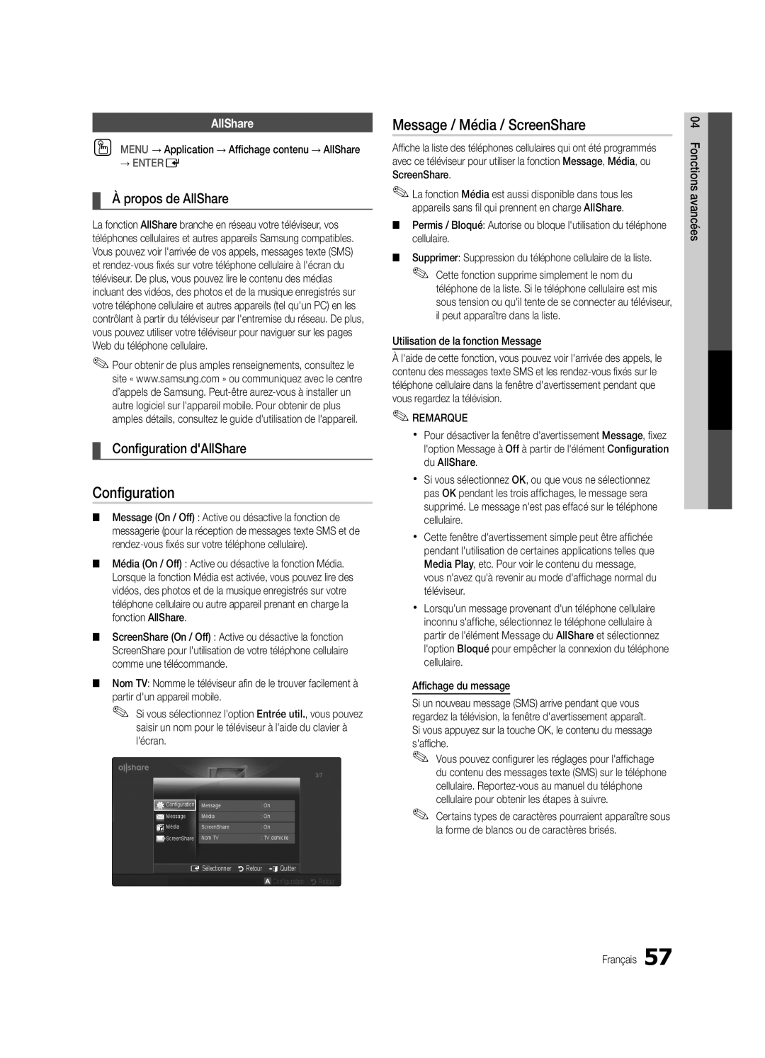 Samsung Series C9, BN68-03088A-01 user manual Message / Média / ScreenShare, Propos de AllShare, Configuration dAllShare 