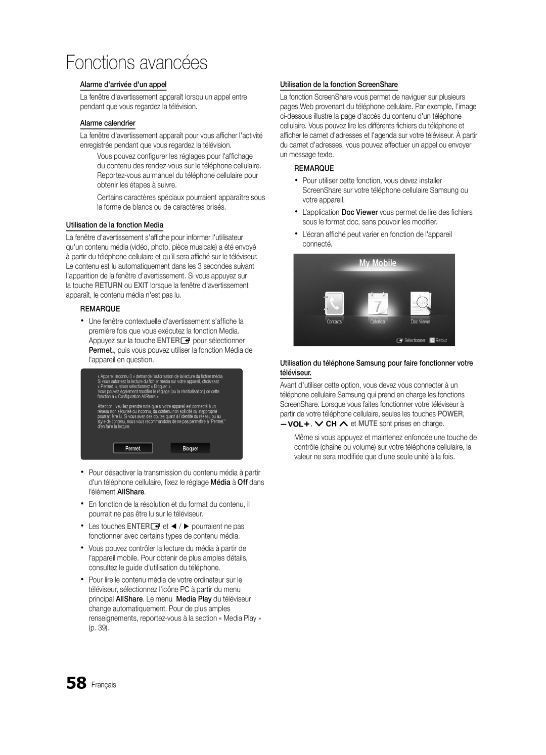 Samsung BN68-03088A-01, Series C9 user manual Alarme darrivée dun appel, Alarme calendrier, Utilisation de la fonction Media 