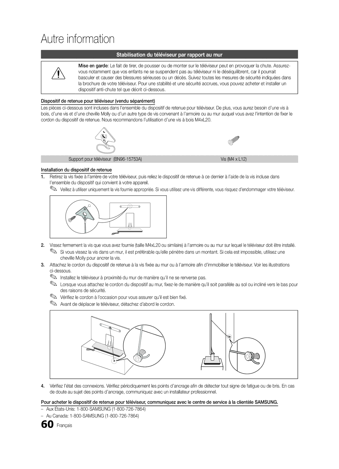 Samsung BN68-03088A-01, Series C9 user manual Stabilisation du téléviseur par rapport au mur 