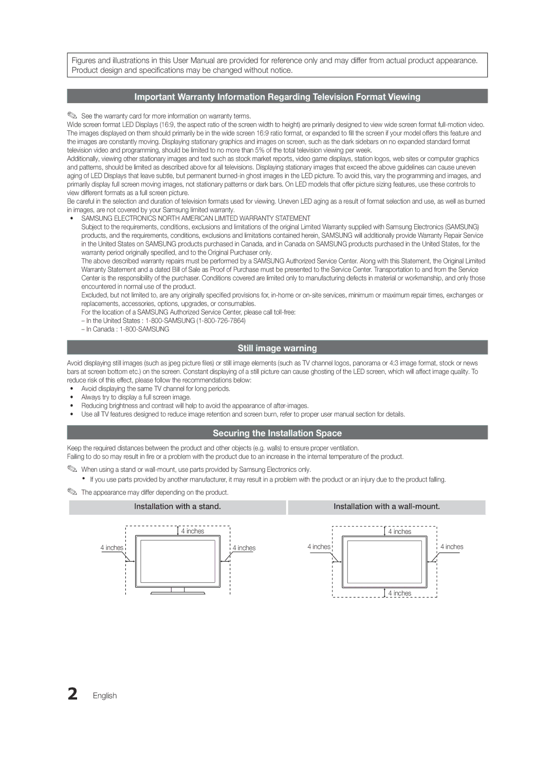 Samsung BN68-03088A-01, Series C9 Still image warning, Securing the Installation Space, Installation with a stand, English 