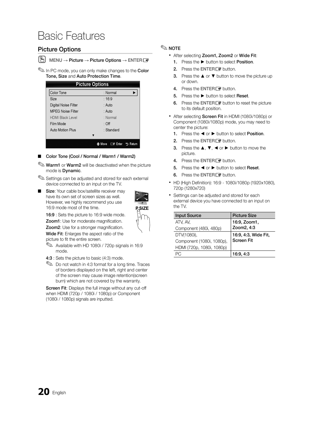 Samsung BN68-03088A-01, Series C9 user manual Picture Options 