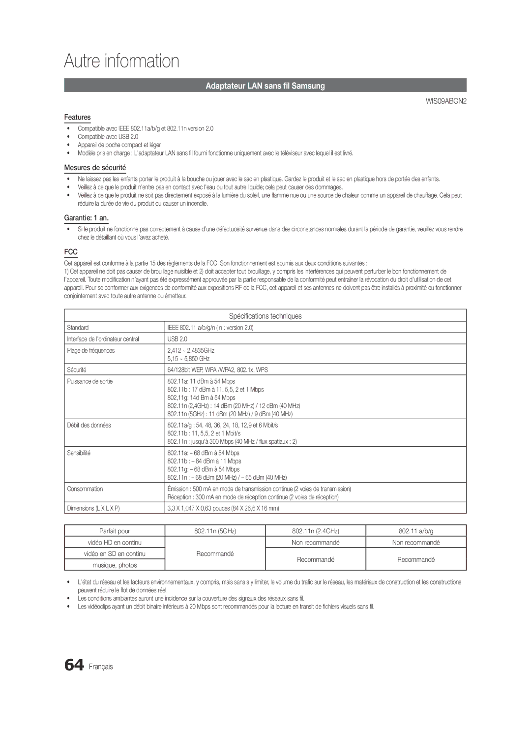 Samsung BN68-03088A-01 Adaptateur LAN sans fil Samsung, Mesures de sécurité, Garantie 1 an, Spécifications techniques 