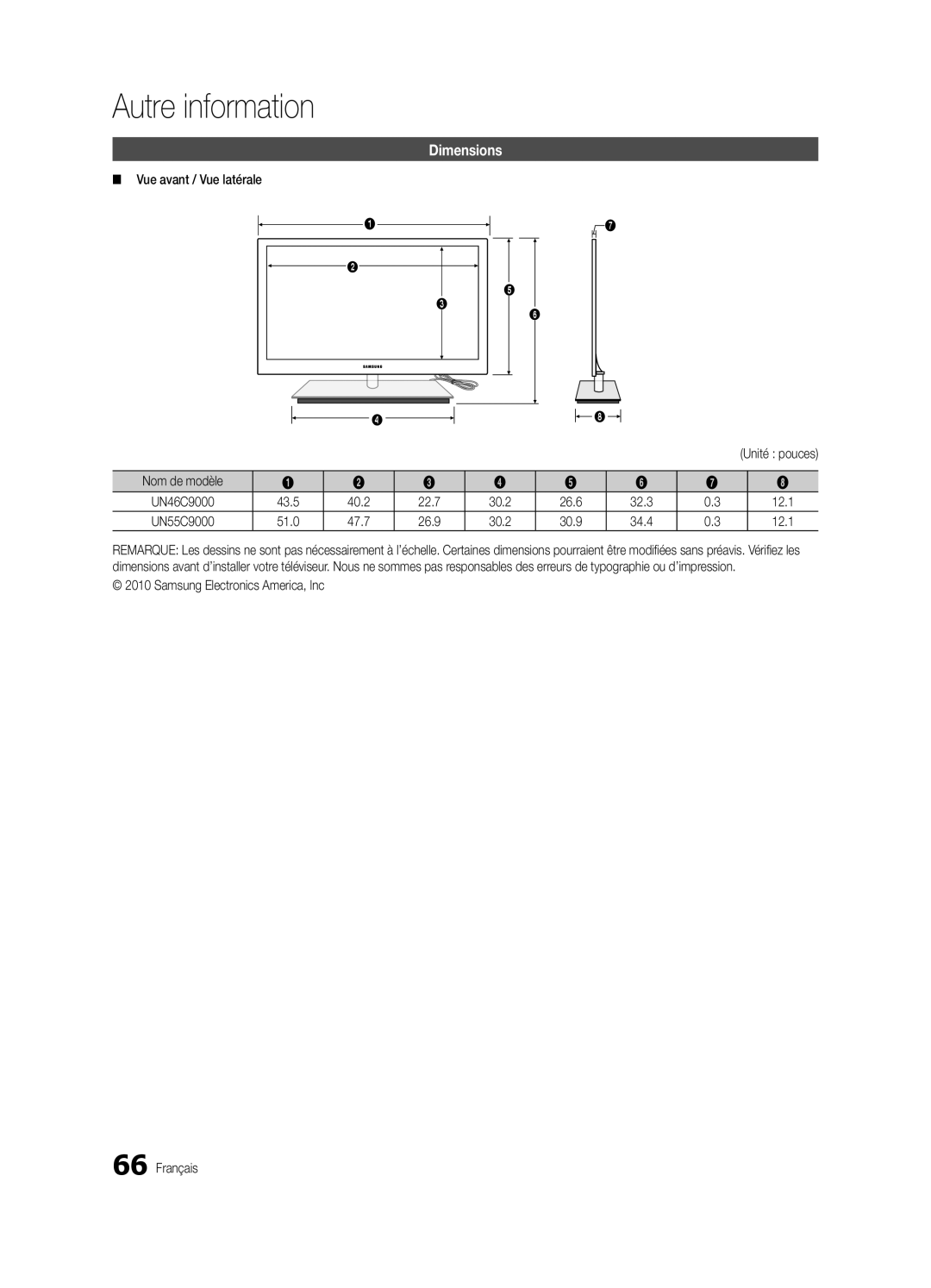 Samsung BN68-03088A-01, Series C9 user manual Vue avant / Vue latérale, Samsung Electronics America, Inc Français 