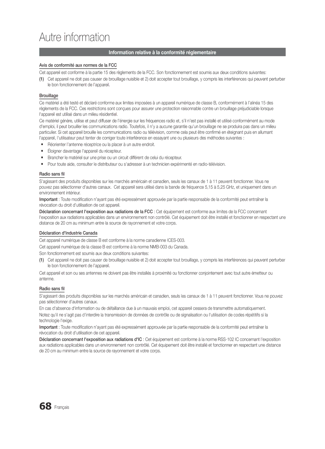 Samsung BN68-03088A-01 Information relative à la conformité réglementaire, Avis de conformité aux normes de la FCC 