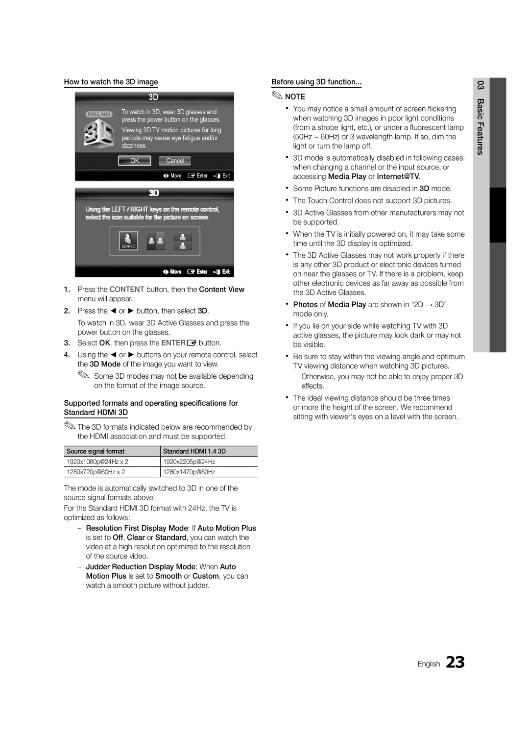 Samsung Series C9, BN68-03088A-01 How to watch the 3D image, Otherwise, you may not be able to enjoy proper 3D effects 