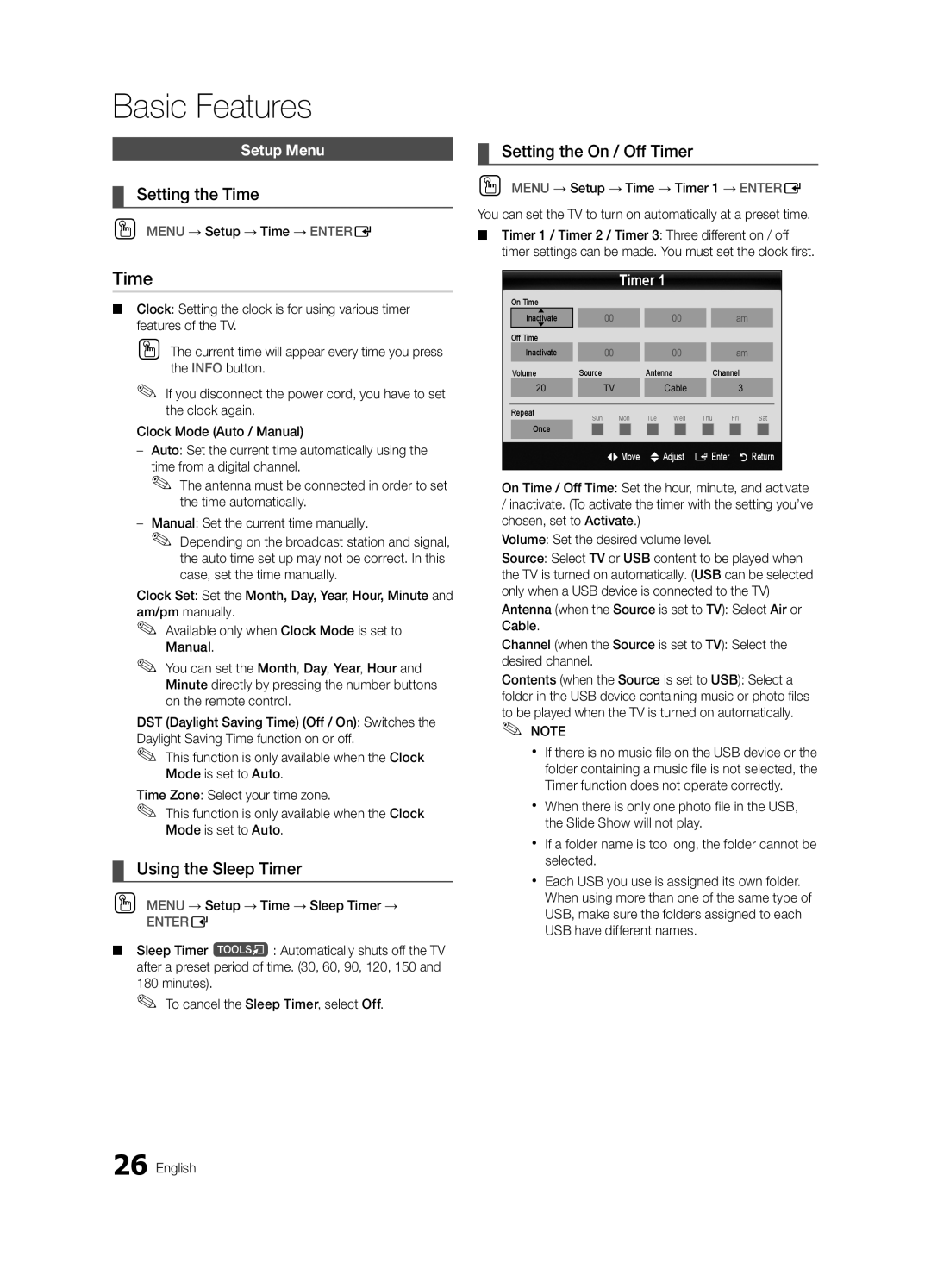 Samsung BN68-03088A-01, Series C9 user manual Setting the Time, Using the Sleep Timer, Setting the On / Off Timer 