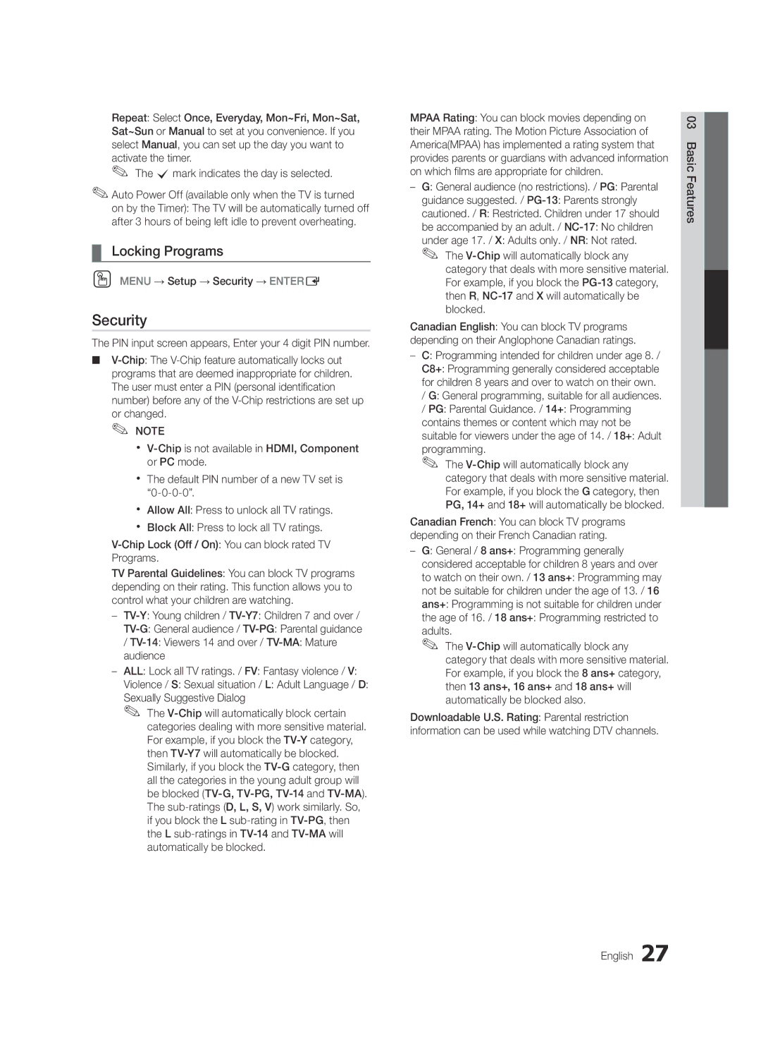 Samsung Series C9, BN68-03088A-01 user manual Security, Locking Programs 