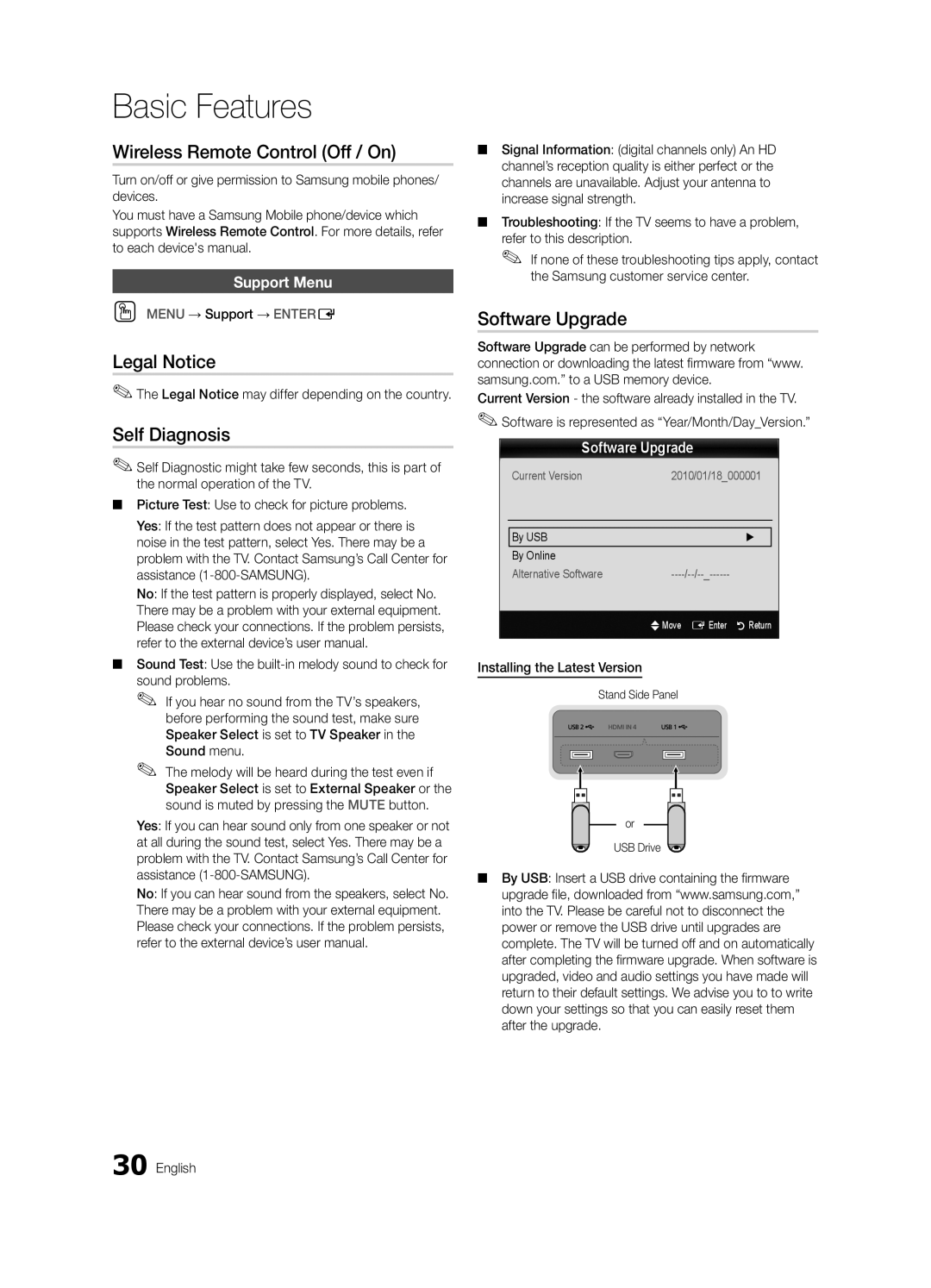 Samsung BN68-03088A-01, Series C9 Wireless Remote Control Off / On, Legal Notice, Self Diagnosis, Software Upgrade 