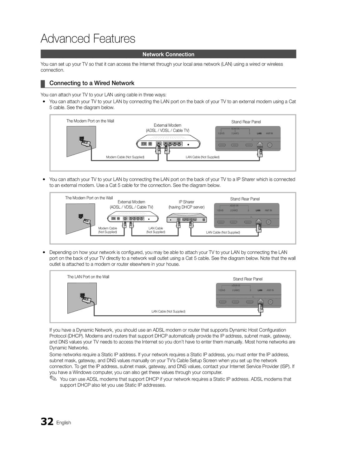 Samsung BN68-03088A-01 Advanced Features, Connecting to a Wired Network, Network Connection, Modem Port on the Wall 