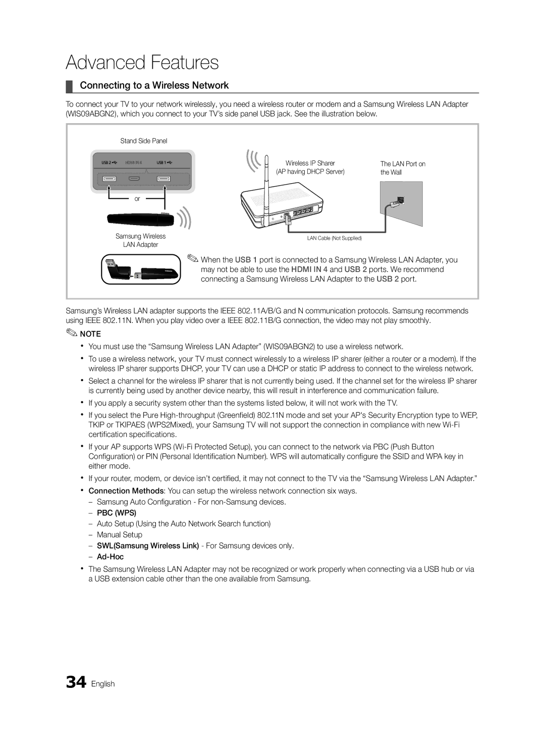 Samsung BN68-03088A-01, Series C9 Connecting to a Wireless Network, Stand Side Panel Samsung Wireless LAN Adapter, Wall 